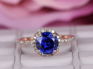 1.80 Ct Round Cut Real Sapphire & Diamond Engagement Ring 14K Solid Rose Gold - Picture 1 of 12