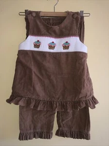 Remember Nguyen sz 6x smocked 2 Pc Set Outfit Cupcakes Tan Corduroy Ruffle Pants - Picture 1 of 5