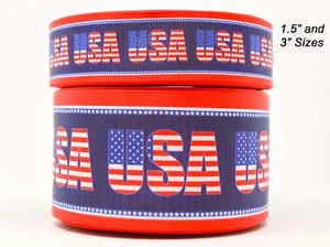 3" Wide Blue USA 4th of July Theme Print Grosgrain Cheer Bow Ribbon - Picture 1 of 1
