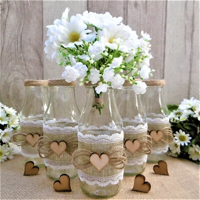 5 x Blumenvasen Vintage Landhaus Deko Flasche Glas Vase Jute Tischdeko Hochzeit - Bild 1 von 4