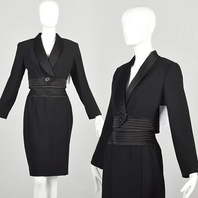 Small 1990s Skirt Suit Sexy Black Pencil Skirt Cropped Blazer Office Siren Suit - Image 1 of 4