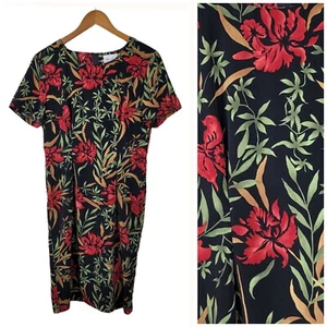 Vintage 90s Kathy Lee Tropical Sheath Dress size Medium unlined Red Knee Length - Picture 1 of 7
