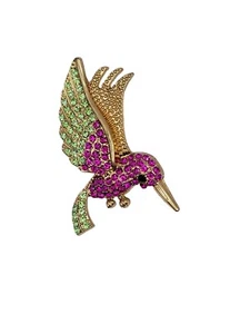 Hummingbird Gold Tone Green and Pink Rinestone Brooch - Picture 1 of 7