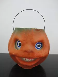 Vintage Creepy Smile PULP Paper Mache Halloween Jack-O-Lantern PUMPKIN Basket - Picture 1 of 8