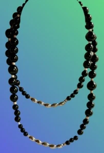 Vtg Graduated Black Beads Onyx? w Silver Teardrop/Rondel Beads  28 1/2” Long - Picture 1 of 5