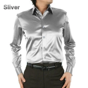 Camicia elegante uomo manica lunga slim business formale top finto raso seta casual - Foto 1 di 27