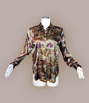 CHRISTIE & JILL Snakeskin Print Purple Brown Button Up Shirt SILK BLEND Medium - Image 1 of 4