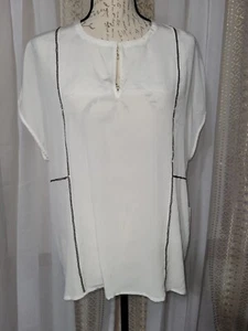 ECRU Alabaster White Color 100% Silk Key Hole Neck Cap Sleeve Blouse Women's XL - Picture 1 of 13