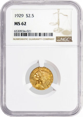 1929 $2.50 Indian Head Quarter Eagle Gold NGC MS62 Brilliant Uncirculated Coin Cover