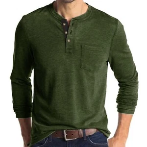 Men's Long Sleeve Henley Shirt Cotton Work Casual Slim Fit T-Shirt 3 Button Tee - Picture 1 of 97