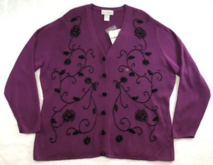 VTG August Max Womens Cardigan Size 1X Purple Floral Beaded Embroidered NWT - Picture 1 of 12