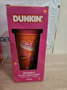 Dunkin reutilizable 24 oz. TAZAS FRÍAS 4 TAZAS, 4 TAPAS, 4 PAJITAS ***NUEVO*** - Imagen 1 de 8