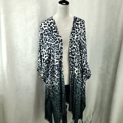 Cárdigan Boho Grande Mediano Blanco Azul Negro Leopardo Estampado Animal Abierto Fluido Foto 1 de 4
