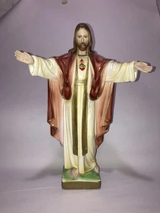 Vintage Columbia Statuary Chalkware Sacred Heart Of Jesus Open Arms Figur - Bild 1 von 11