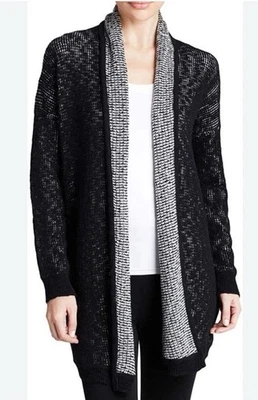 Cárdigan largo suéter Eileen Fisher negro blanco 100 % algodón orgánico talla grande Foto 1 de 4