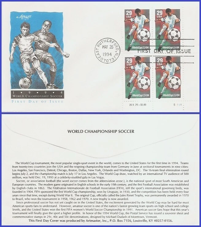 USA5 #2834 U/A ARTMASTER FDC PB4  Football Soccer Player Kicking - Image 1 of 1