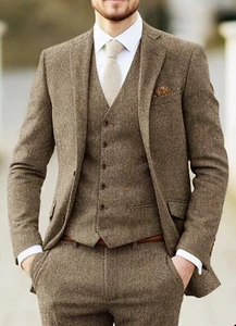 Herren Fischgräte Brauner Anzug Einreihige Jacke Blazer Reversekragen Sakko - Picture 1 of 16