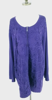 CATHERINE'S Zip Up Purple Sweater Cardigan 3X Soutache Embroidered - Image 1 of 4