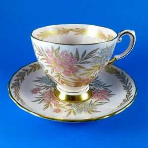 Pink and Blue Florals with Gold Designon Pink Tuscan Tea Cup and Saucer Set - Picture 1 of 3