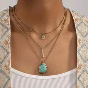 Vintage Boho Turquoise Multilayer Three Layer Necklace For Women Ornament - Picture 1 of 5