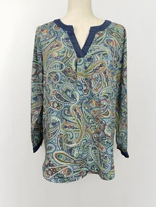 Liz Claiborne Womens Blouse Size M Petite Blue Paisley Multicolor Top - Picture 1 of 4