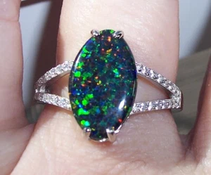 Green Black Opal & Cubic Zirconia Ring Lab Created 925 Sterling Silver - Picture 1 of 14