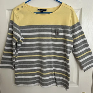 Karen Scott Sport Womens Size M Yellow Grey White Striped 3/4 Sleeve Pre Owned - Picture 1 of 9