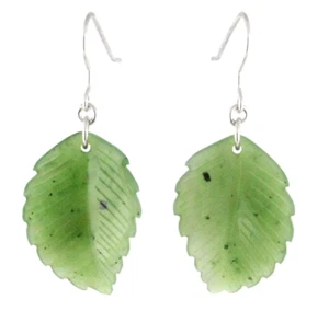 Genuine Natural Green Nephrite Jade Leaf Earrings w/ Surgical Steel Hooks - Picture 1 of 3