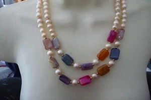 A16#12/8 vtg NECKLACE 2 STRANDS CULTURED PEARLS W MULTI COLOR NATURAL STONES - Picture 1 of 7