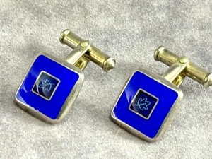 FR Sterling Silver and Enamel Cufflinks Cobalt Blue Leaf Design London Hallmarks - Picture 1 of 9