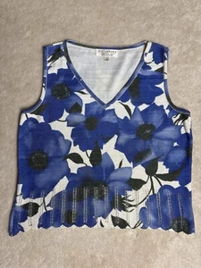 St. John bauchfreier Pullover Oberteil groß Strick blau elfenbein Blumen ärmellos U-Ausschnitt neu in einwandfreiem Zustand - Bild 1 von 11