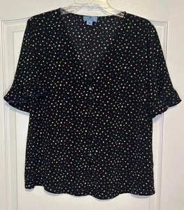 CECE Shirt Damen große Flatterärmel Bluse Oberteil schwarz mit bunten Punkten V-Ausschnitt - Bild 1 von 9