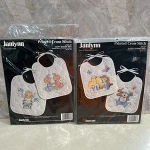 Janlynn Printed Cross Stitch Kits Sleepy Bunnies & Happy Babies =4 Quilted Bibs - Picture 1 of 4