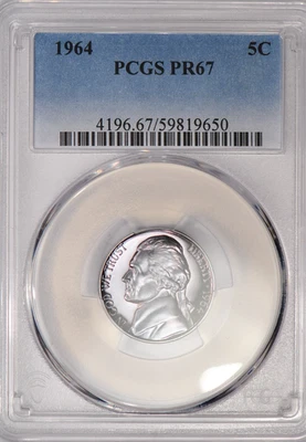 Moneda de 5C Jefferson 1964 tonificada a prueba de níquel graduación profesional PR67 PF 67 tono claro Foto 1 de 4