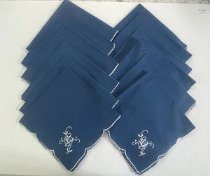 Vintage Fabric Napkins Set of 12 Blue With White Embroidery Scallop 15” - Picture 1 of 9