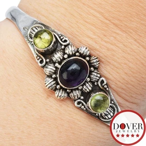 Estate Amethyst Peridot Silver Bezel Cuff Bangle Bracelet 16.6 Grams NR - Picture 1 of 5