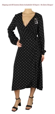 Vestido para mujer GUESS M negro blanco cuello en V manga larga forrado a lunares logotipo midi Foto 1 de 4