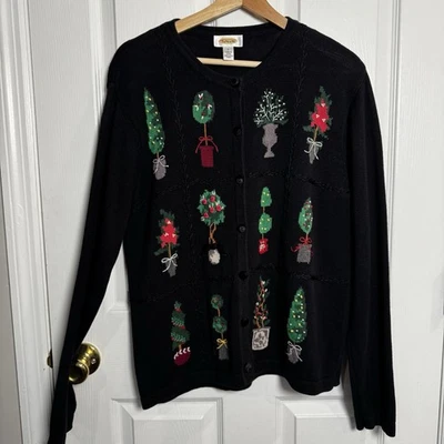Cárdigan Topiario Árbol de Navidad Talbots Suéter Negro L Vacaciones Adornado Foto 1 de 4