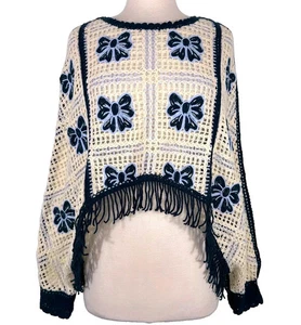House of Harlow 1960 Boho Crocheted Floral Fringed Sweater Cream & Blue OS NWT - Picture 1 of 13