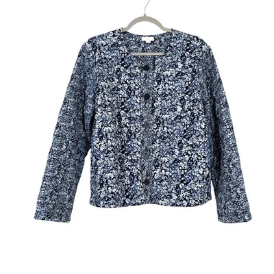 Jaqueta feminina J.Jill azul floral acolchoada com botões tamanho médio bolsos casa de campo - Imagem 1 de 4