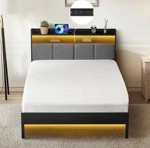 Twin Bed Frames, Upholstered Upgraded Metal Bed Frame with LED Lights Headboa... - Picture 1 of 9