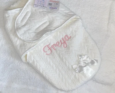 Personalised Baby Swaddle Wrap With Bow In Blue Pink Or Charcoal Grey & White 💕 - Image 1 of 4