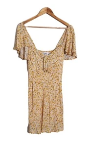 Princess Polly Size 14 Yellow Floral Just a Lover Mini Dress Deep V Neck Lined - Picture 1 of 8