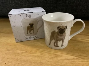 CUTE PUG MUG CUP WAGGY TAILS FINE CHINA GIFT BOXED DOG LOVER NEW FREE P&P - Picture 1 of 3