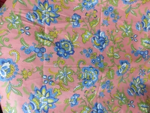 BLUE AND GREEN FLORAL ON SALMON BACKGROUND - FABRIC - 2 YARDS - Picture 1 of 2