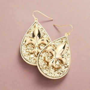 Gold Fleur De Lis Sparkle Teardrop Dangle Earrings - Picture 1 of 2