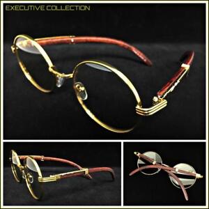 Men's Classy Elegant Retro Style Round Clear Lens EYE GLASSES Gold & Wood Frame