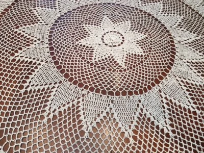 Round Handmade Crochet Lace Tablecloth  COLOR BEIGE 100 % COTTON - - Image 1 of 4