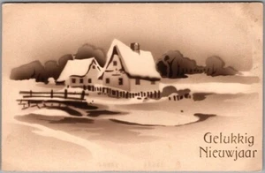 Vintage niederländische HAPPY NEW YEAR Gruß Postkarte Winterhaus Szene - datiert 1913 - Bild 1 von 2