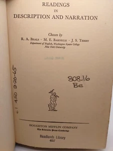 VINTAGE 1930 READINGS IN DESCRIPTION AND NARRATION - BEALS - HARDCOVER - Imagen 1 de 12